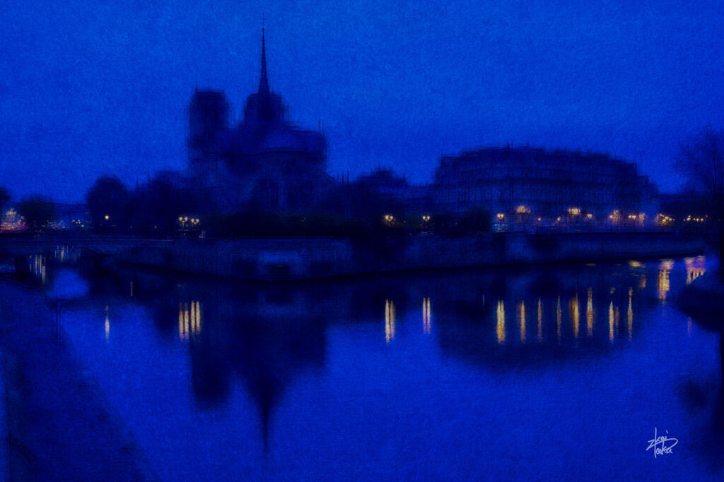 A blue scene of Notre Dame Cathedral before dawn, Paris