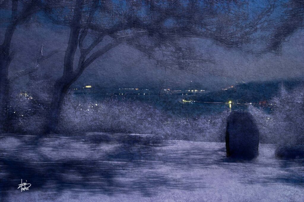 Snowy night view of Amanohashidate from Ouchi Pass,Kyoto,Japan