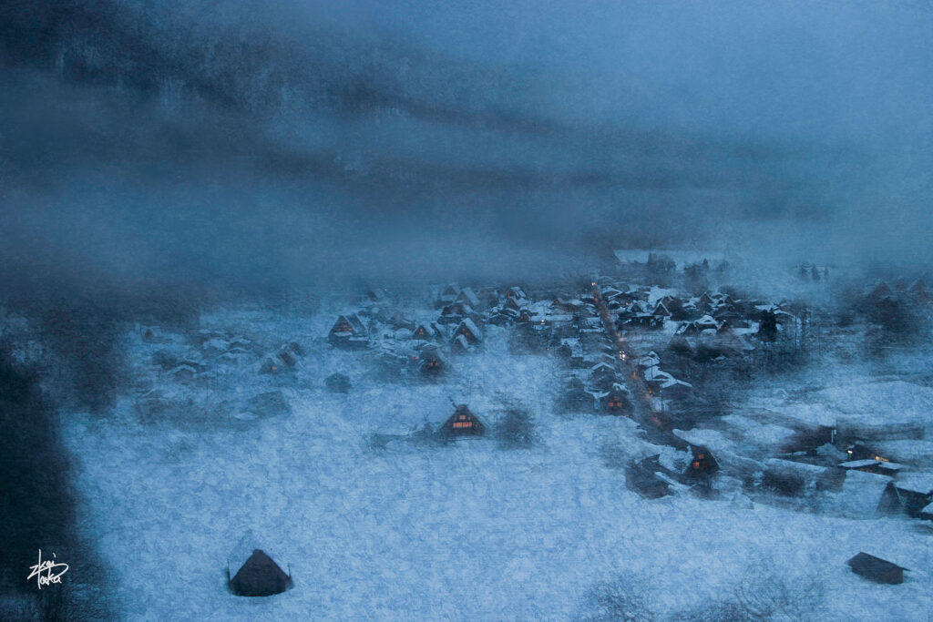 Winter illuminated night view of the historic gassho-zukuri village of Shirakawa-go, a World Heritage Site in Japan, from the observation platform.