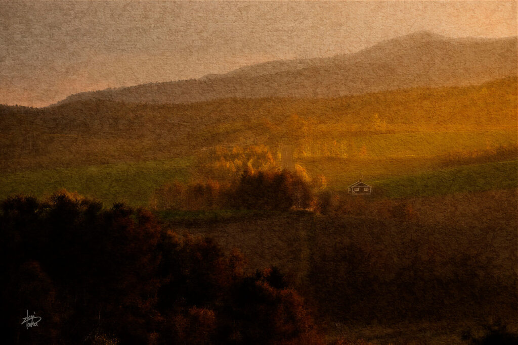 An evening view of the autumn-colored hills in Biei, Hokkaido, Japan