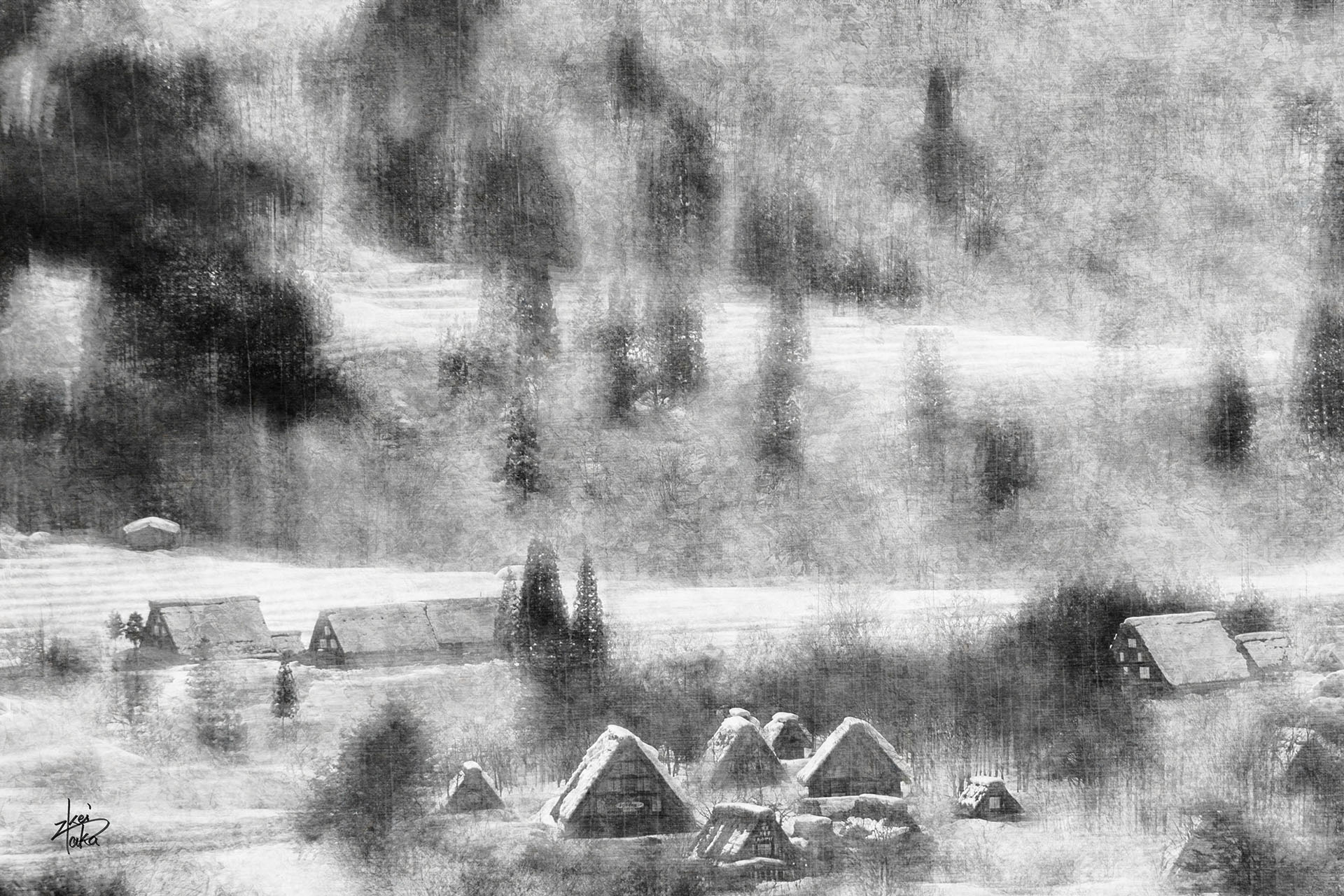 Black-and-white ink painting style of snowy landscape of the historical Gassho-Zukuri village of Shirakawa-go, a World Heritage Site in Japan, from the observatory.