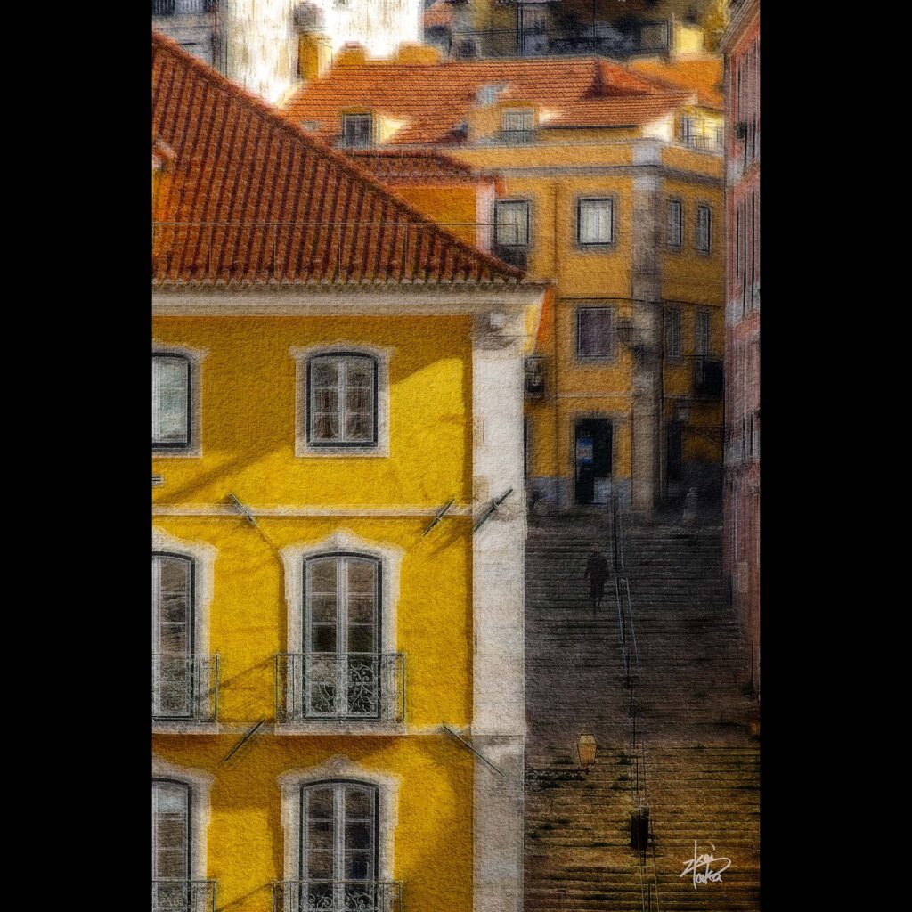 Long stairs everywhere in the old town of Lisbon, Portugal