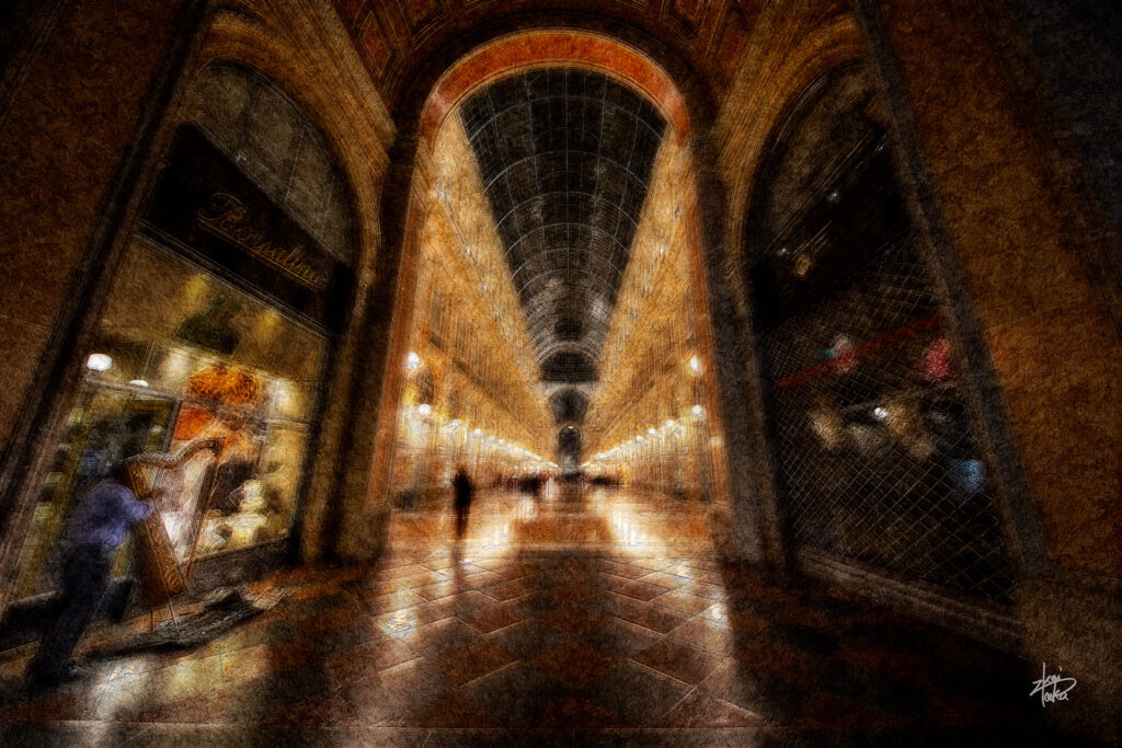 Musician playing harp at night at Galleria Vittorio Emanuele II, Milan