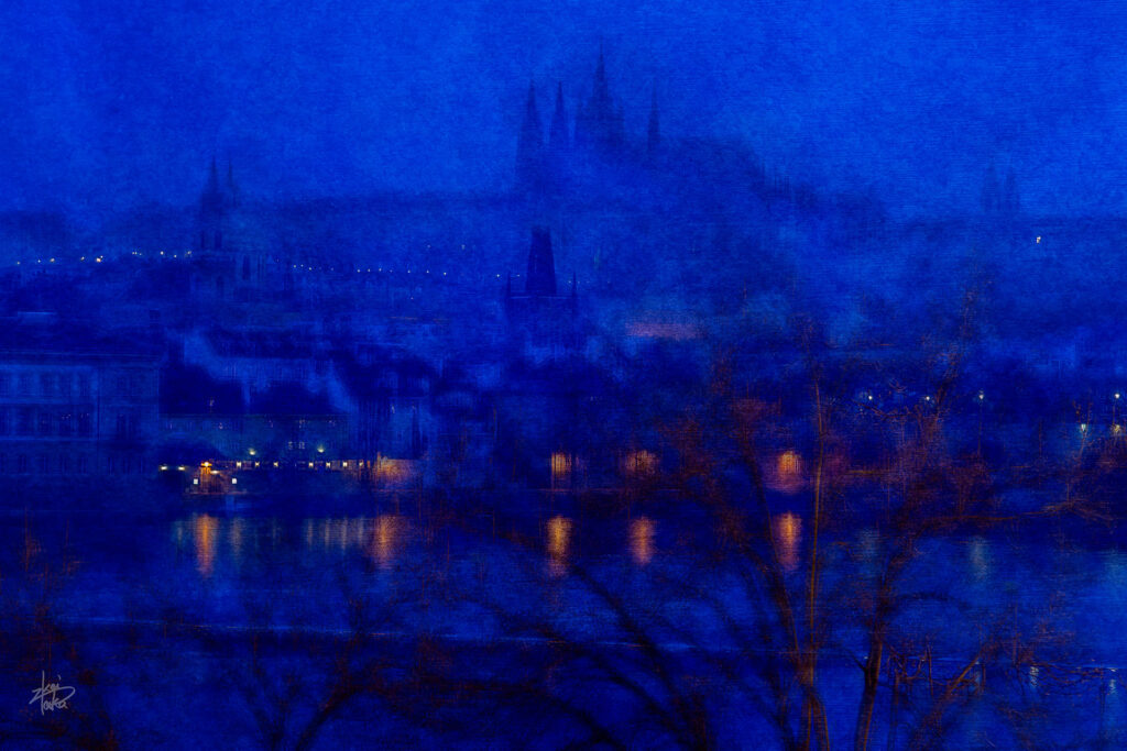 Prague Castle before dawn in the morning mist, Prague, Czech Republic