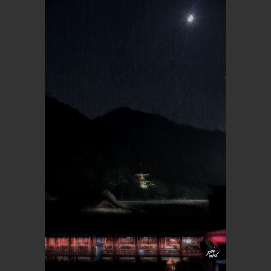 Itsukushima Shrine, a World Heritage Site, emerges in the moonlit night with a faint glow.