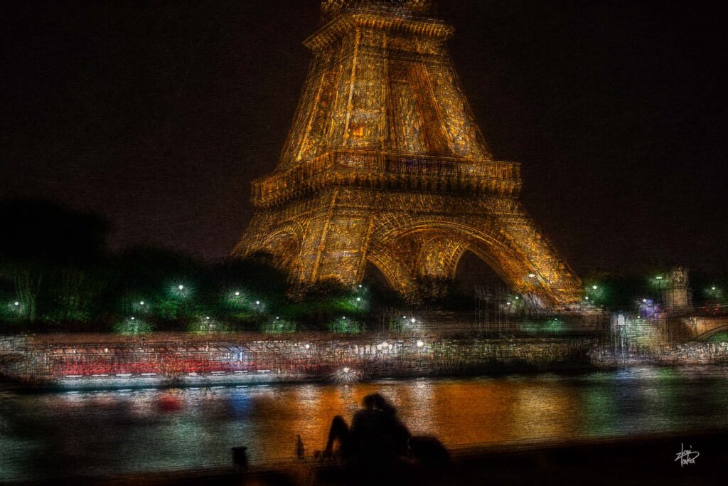 Couple spending a moody evening on the banks of the Seine