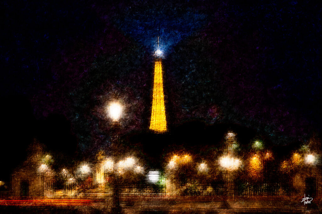 Place de la Concorde and Eiffel Tower at night, Paris