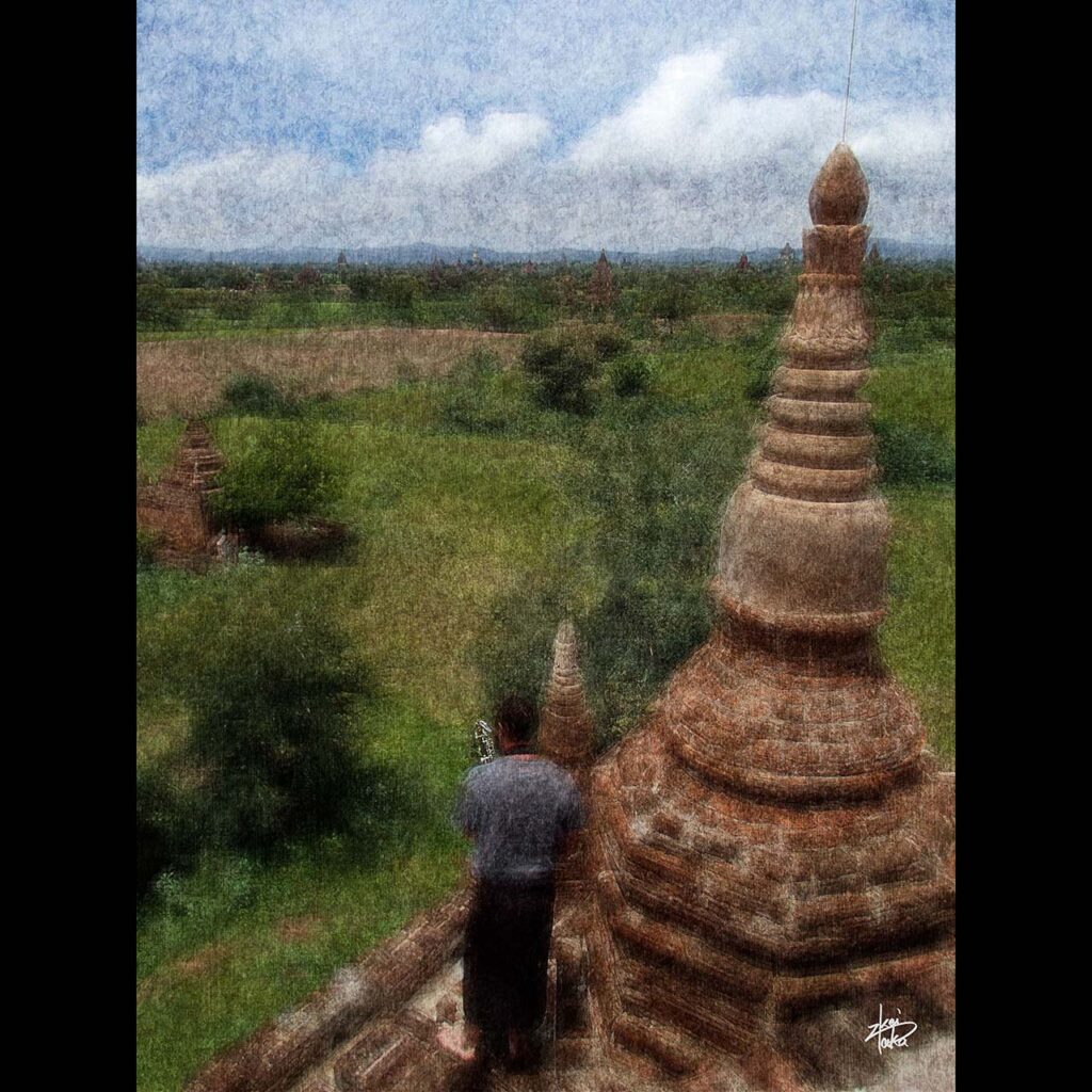 A musician plays saxophone at a pagoda in Bagan, Myanmar