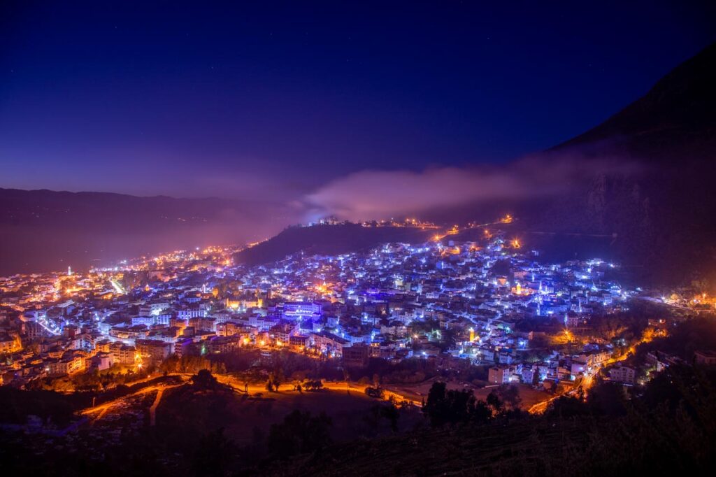 night view of Chefchaouen, the Blue City of Morocco