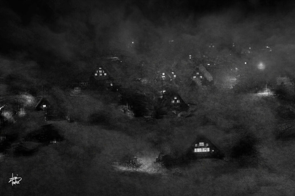 Black-and-white work of winter illuminated night view of the historical Gassho-Zukuri Village of Shirakawa-go, a World Heritage Site in Japan, from the observatory.