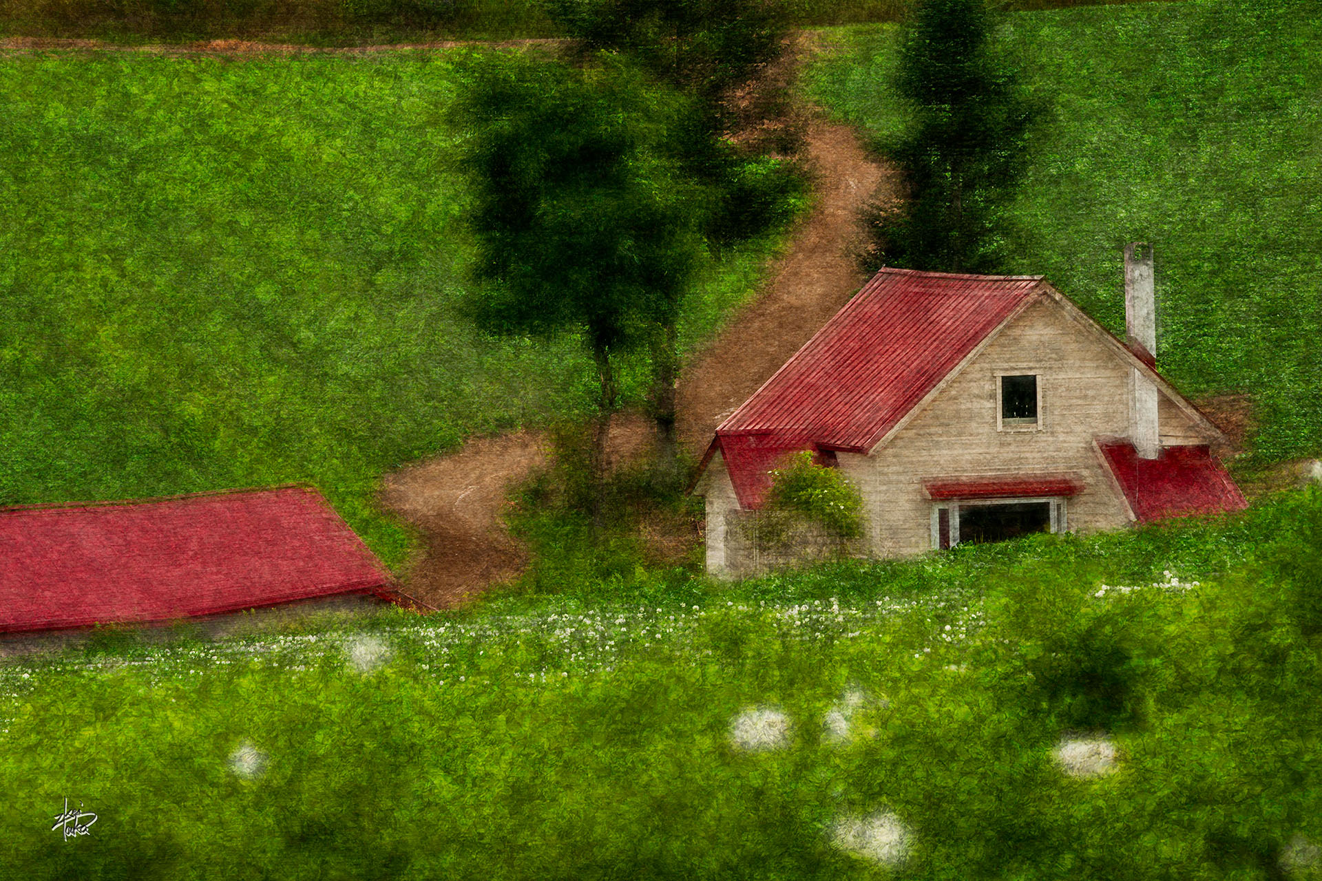 House with red roof in summer, Biei, Hokkaido, Japan