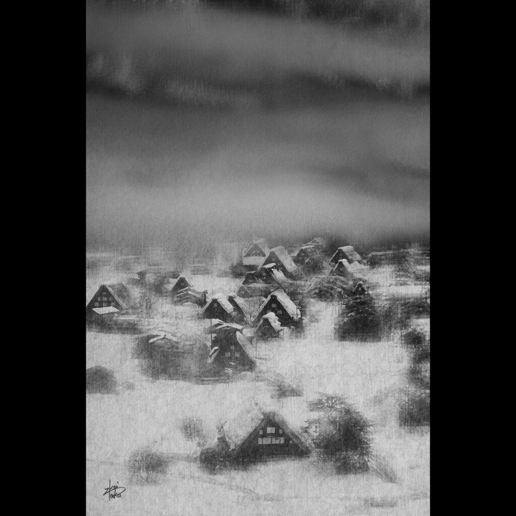 Black and white work of snowy landscape of the historical Gassho-Zukuri Village in Shirakawa-go, a World Heritage Site in Japan, from the observatory.