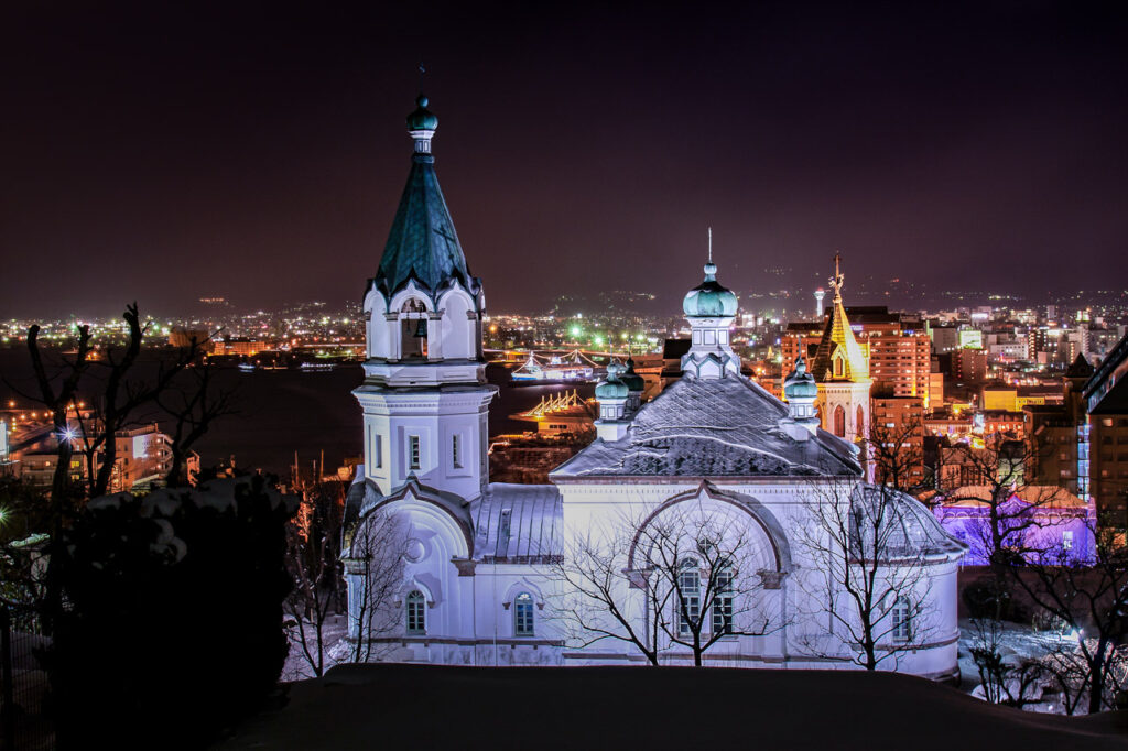 Night view of Hakodate with Orthodox Church of Hakodate,hakodate,hokkaido,japan