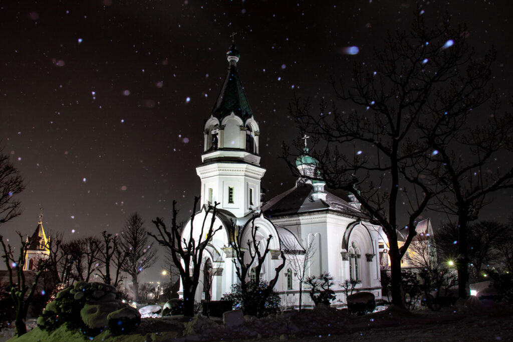 Snowy Night view of Hakodate with Orthodox Church of Hakodate,hakodate,hokkaido,japan