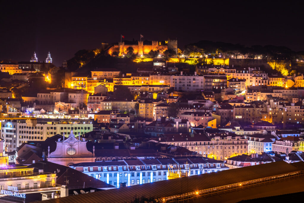 Lisbon,Night view of San Pedro de Alcántara Observatory