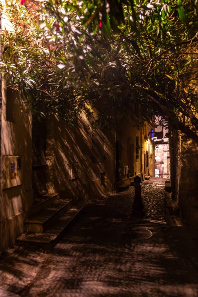 Alleys in the old town of Arles at night