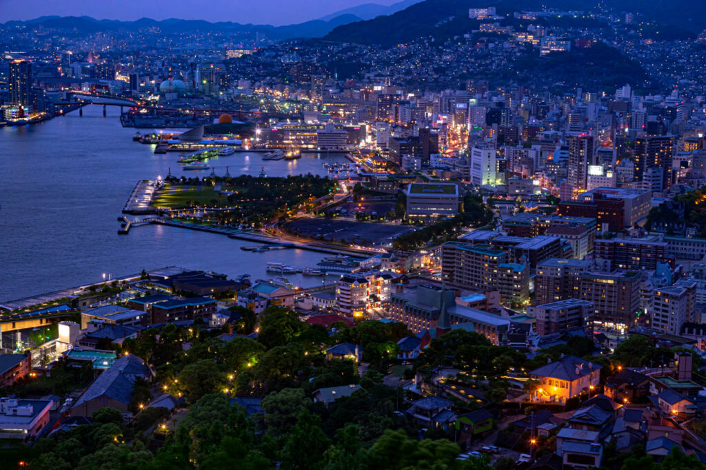 Night view of Nagasaki port at Nabe Kanmuriyama park