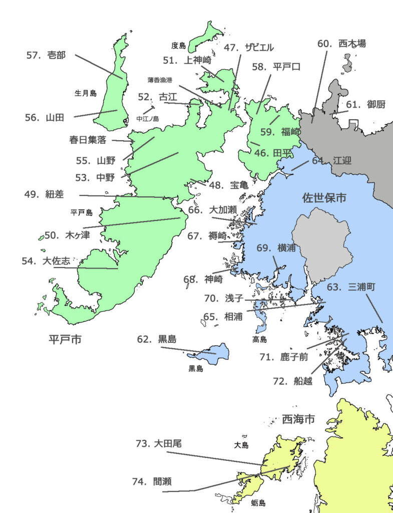 map of Churches in Hirado and Sasebo areas,Nagasaki,Japan