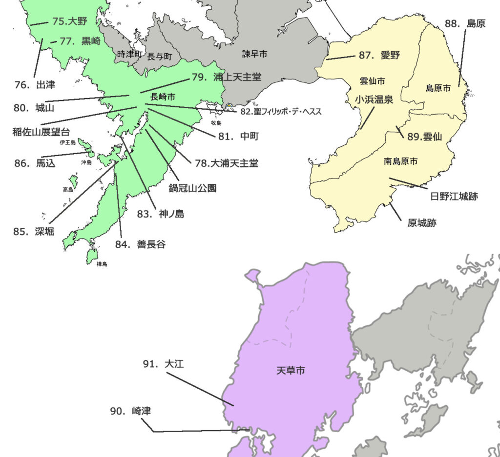 map of Churches in Nagasaki city,Unzen,Amakusa areas,Japan